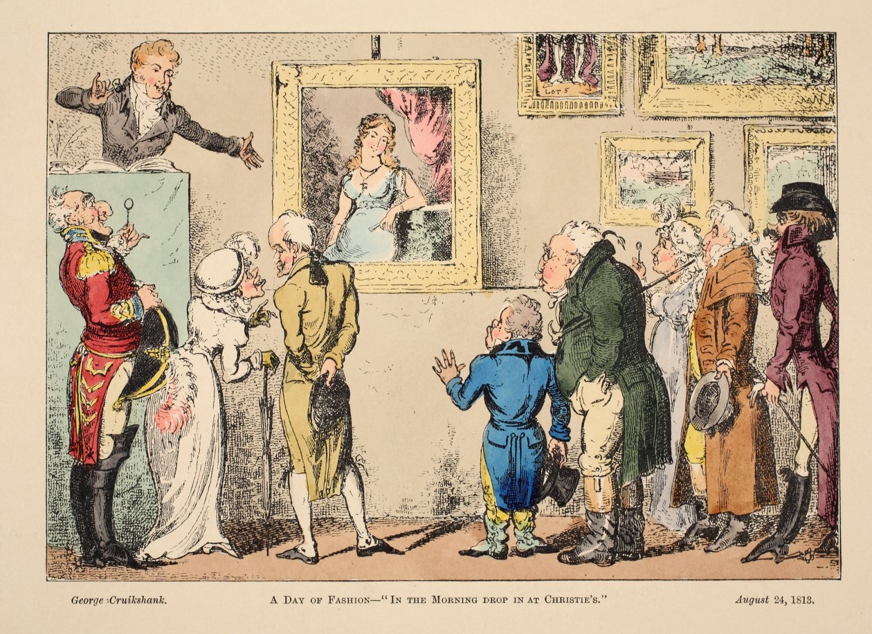 Den módy – ranní návštěva v krčmě Christies. 1813 (ručně kolorovaná rytina) od George Cruikshank