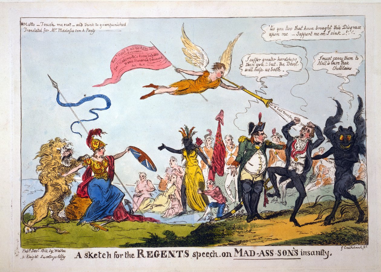 Skica k regentské řeči o šílenství šíleného syna, vyd. 1812 (ručně kolorovaná rytina) od George Cruikshank