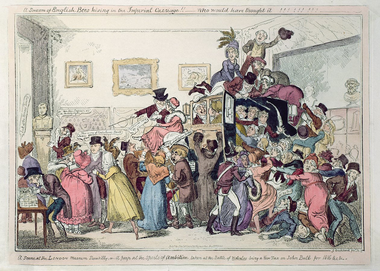 „Roj anglických včel úlujících v Císařském voze!! - Kdo by to byl řekl" nebo "Scéna v londýnském muzeu, Piccadilly", 19. století od George Cruikshank