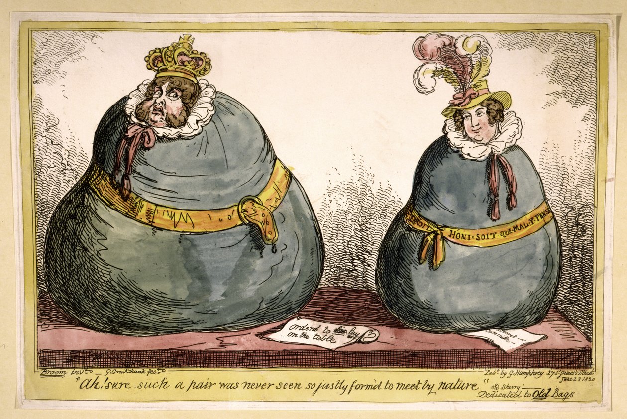 Ach! Taková dvojice jistě nebyla nikdy viděna tak spravedlivě sestavená, aby se setkala od přírody, hospoda. 1820 (ručně kolorovaná rytina) od George Cruikshank