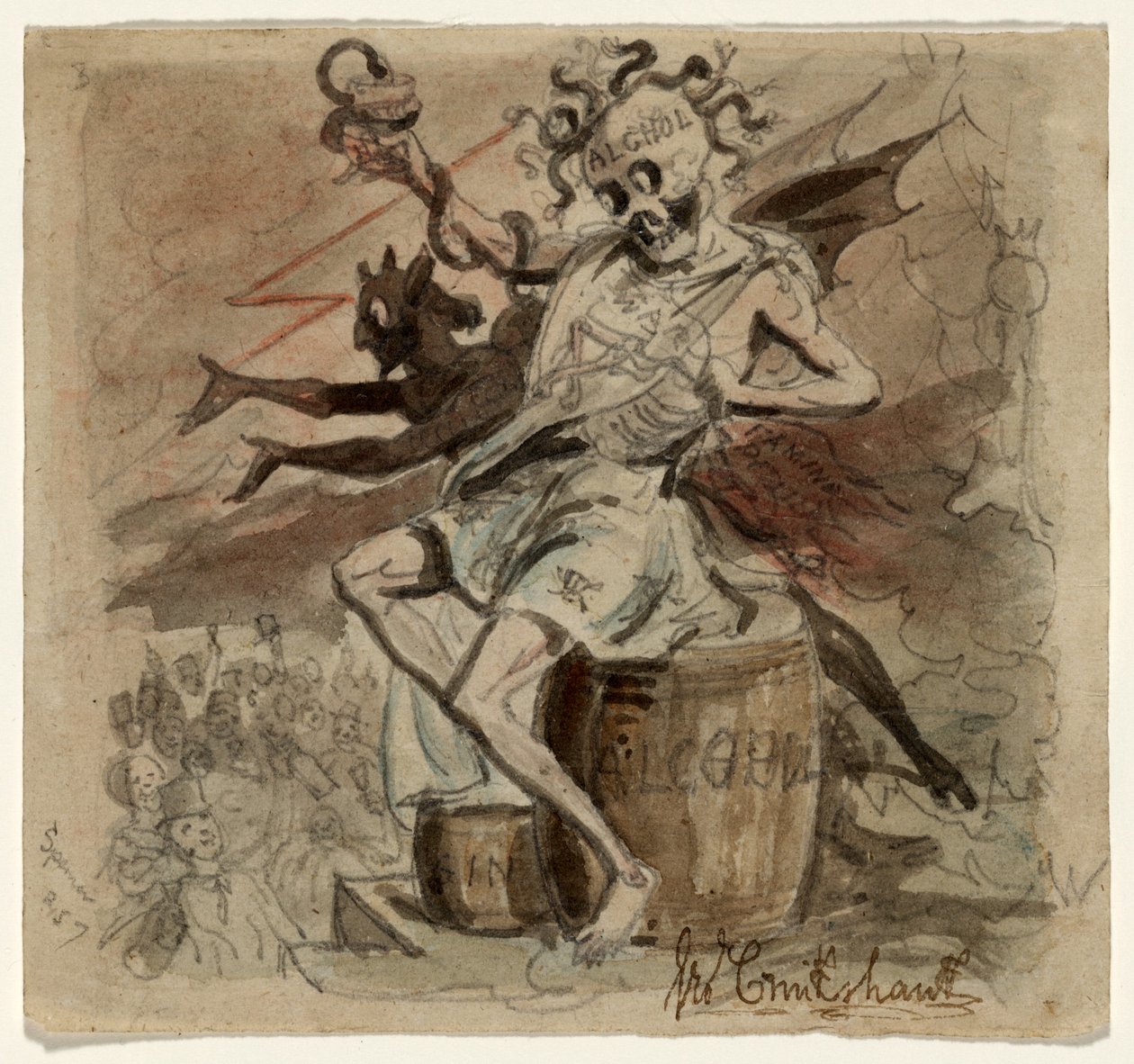 Alkohol, smrt a ďábel, 1830 (wc na papíře) od George Cruikshank