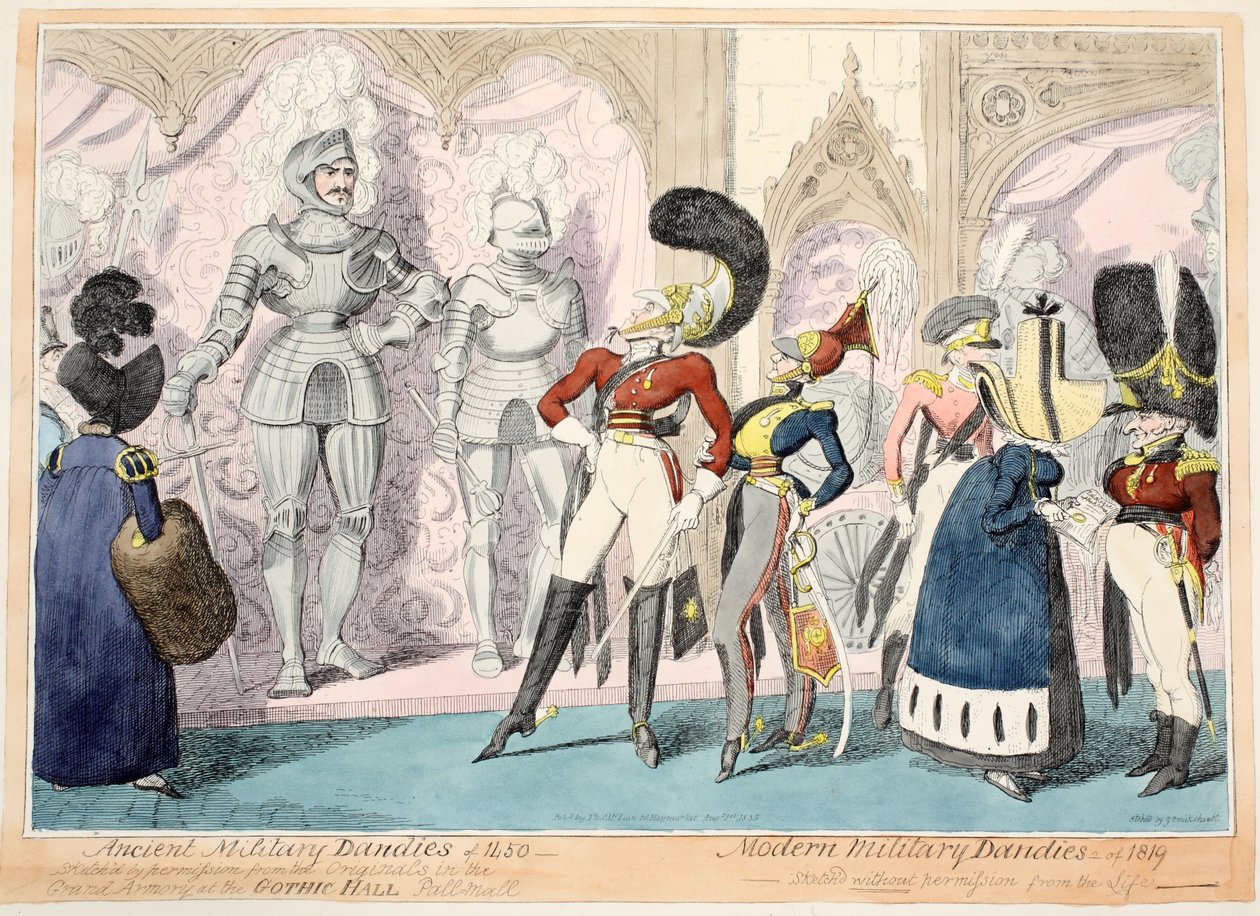 Ancient Military Dandies z roku 1450, Modern Military Dandies z roku 1819, 1835 (ručně kolorovaná rytina) od George Cruikshank