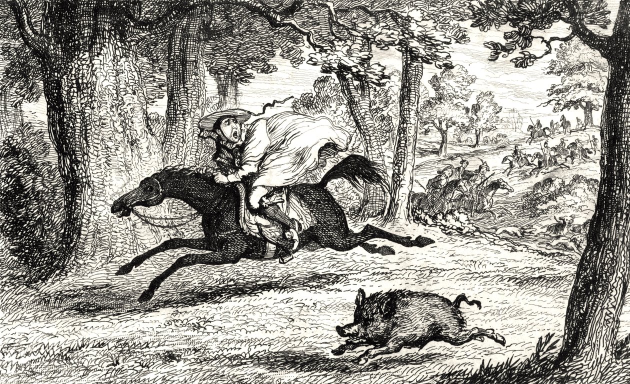 Kardinál John z Belue pronásleduje kance, ilustrace z „Quentina Durwarda“ od sira Waltera Scotta (1771-1832) publikovaná v roce 1845 od George Cruikshank