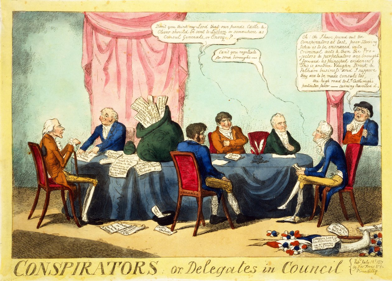 Spiklenci nebo delegáti v radě, 1817 (ručně kolorovaná rytina) od George Cruikshank