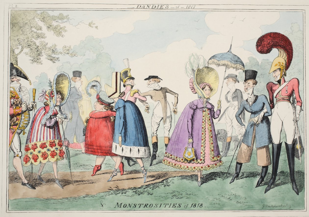 Dandies z roku 1817 a Monstrosities z roku 1818, hospoda. 1835 (ručně kolorovaná akvatinta) od George Cruikshank