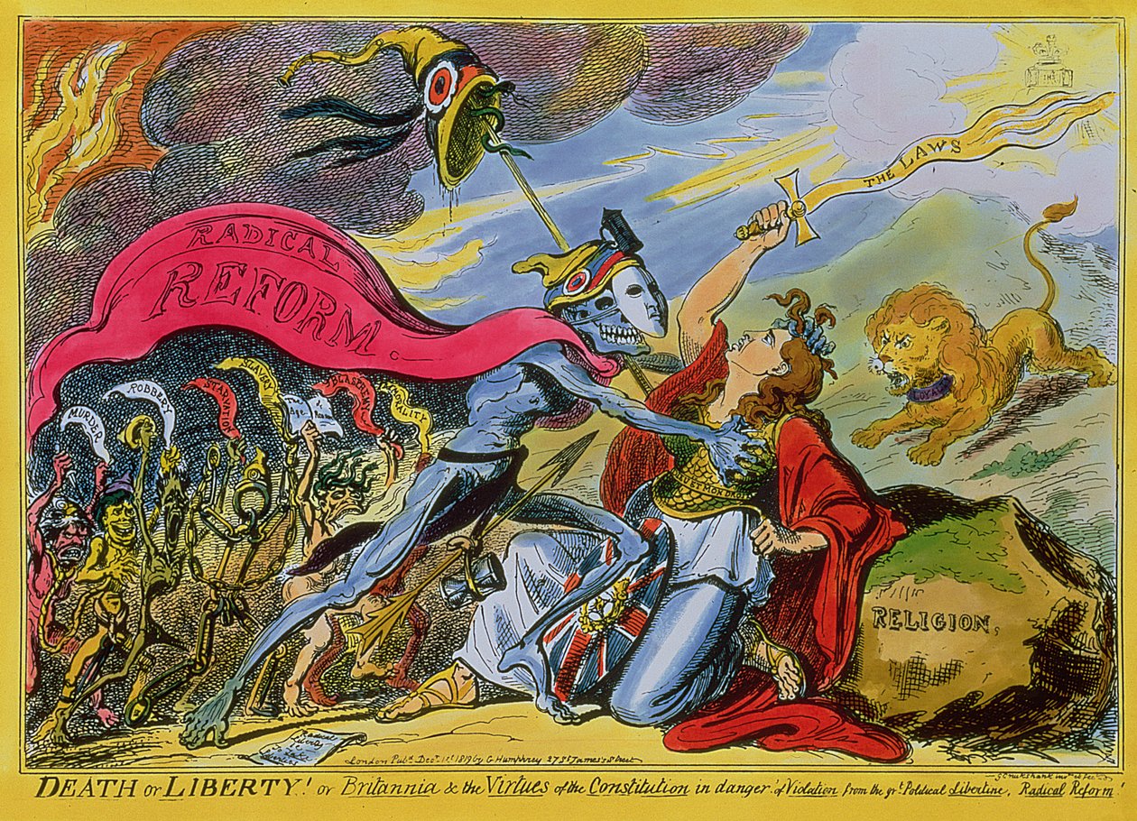 "Smrt nebo svoboda aneb, Británie a ctnosti ústavy v nebezpečí porušení ze strany velkého politického libertinství, radikální reformy", vyd. H. Humphrey, 1819 (kolorovaný lept) od George Cruikshank