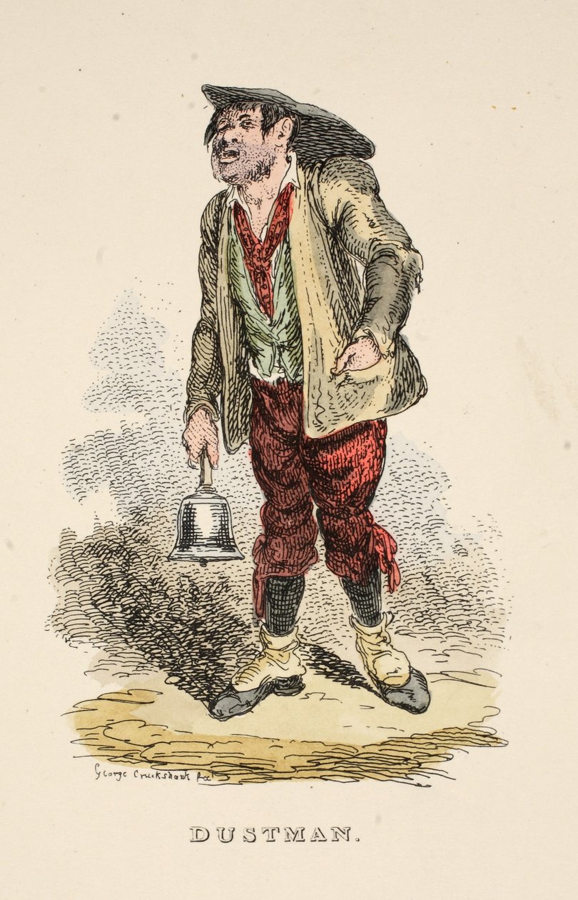Dustman, z The Gentlemans Pocket Magazine, hospoda. 1827 (ručně kolorovaná rytina) od George Cruikshank