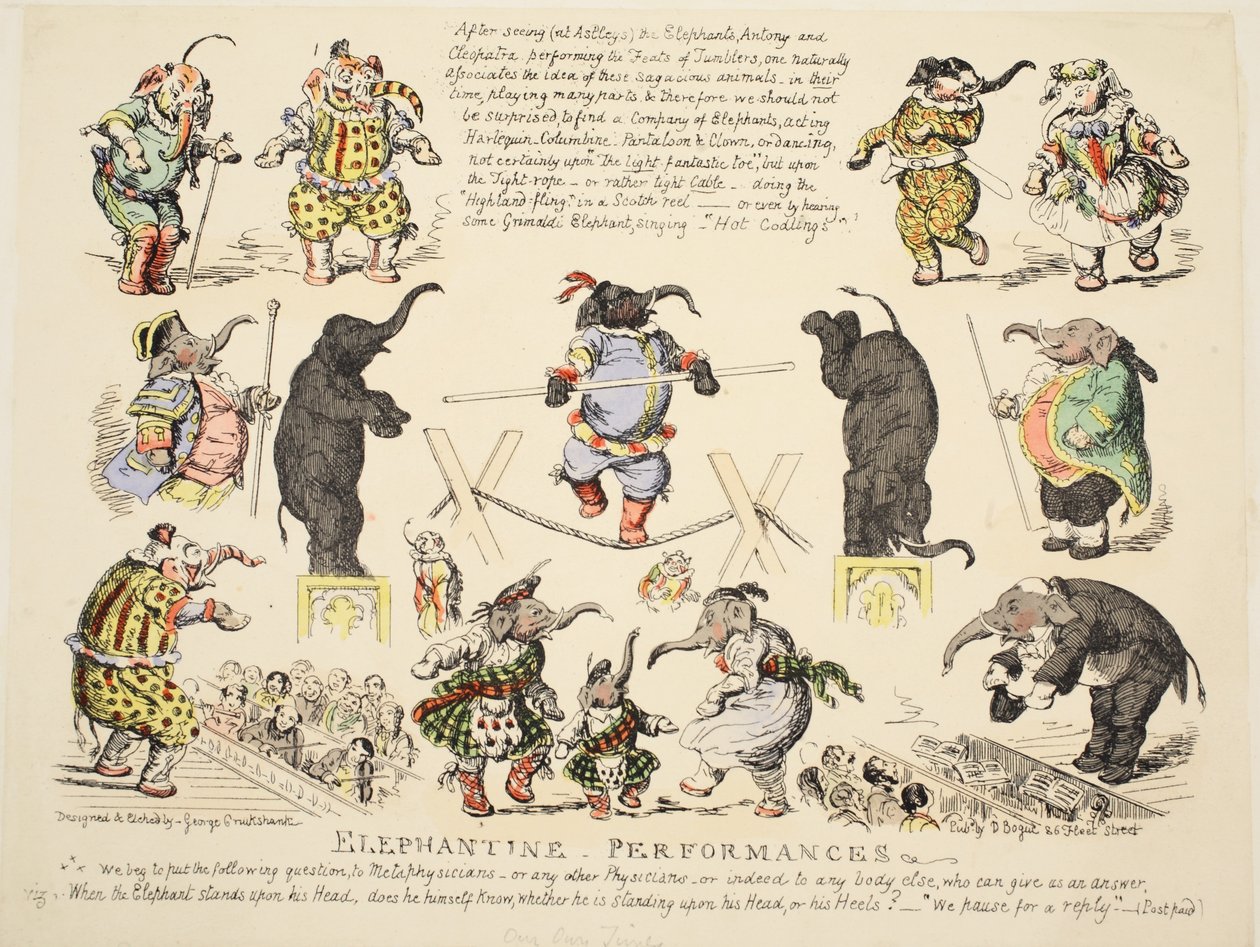 Sloní představení, hospoda. c.1854 (ručně kolorovaný lept) od George Cruikshank