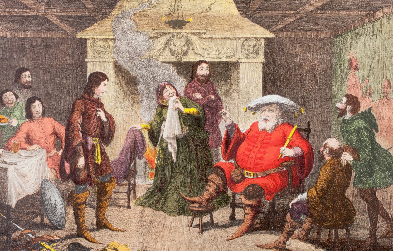 Falstaff ztvárňuje roli krále v Jindřichu IV., část I, dějství II, scéna IV, z „The Illustrated Library Shakespeare“, vydané v Londýně 1890 od George Cruikshank