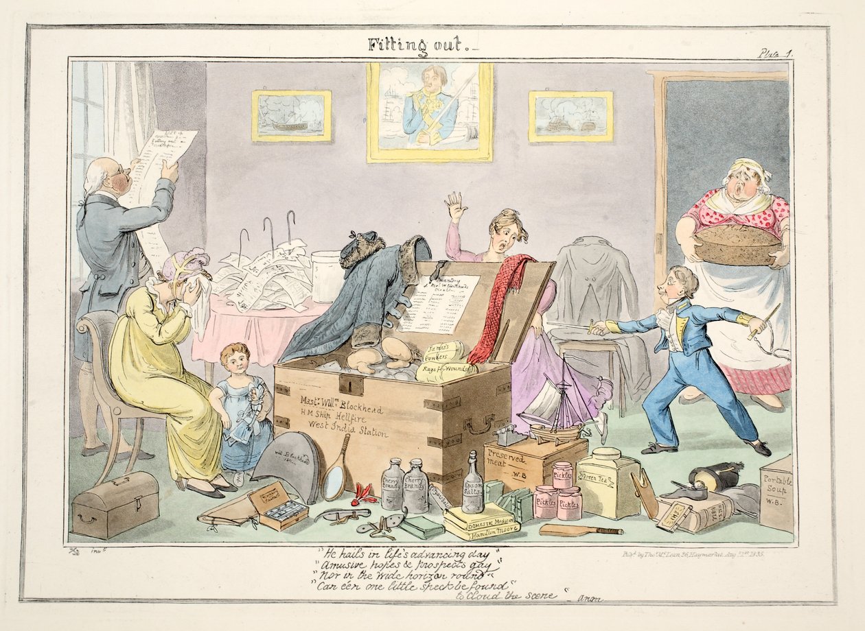 Vystrojování, z knihy The Progress of a Midshipman, 1835 (ručně kolorovaná rytina) od George Cruikshank