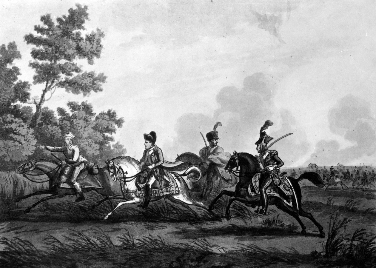 Let Bonaparta z pole Waterloo v doprovodu jeho průvodce, 1816 od George Cruikshank