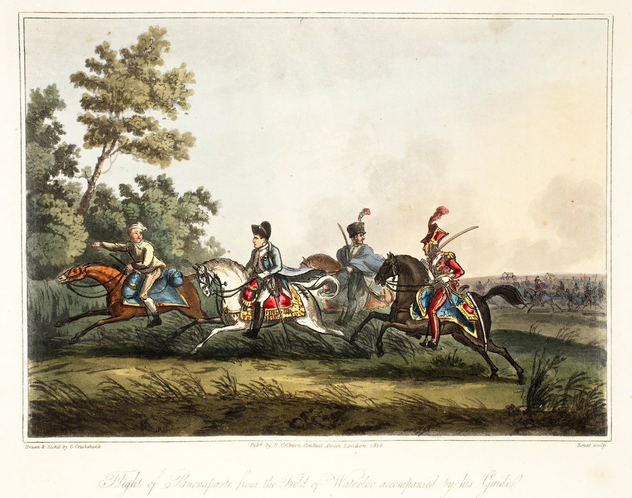 Let Buonaparte z pole Waterloo v doprovodu jeho průvodce, eng. Rouse, hospoda H. Colburn, 1816 od George Cruikshank