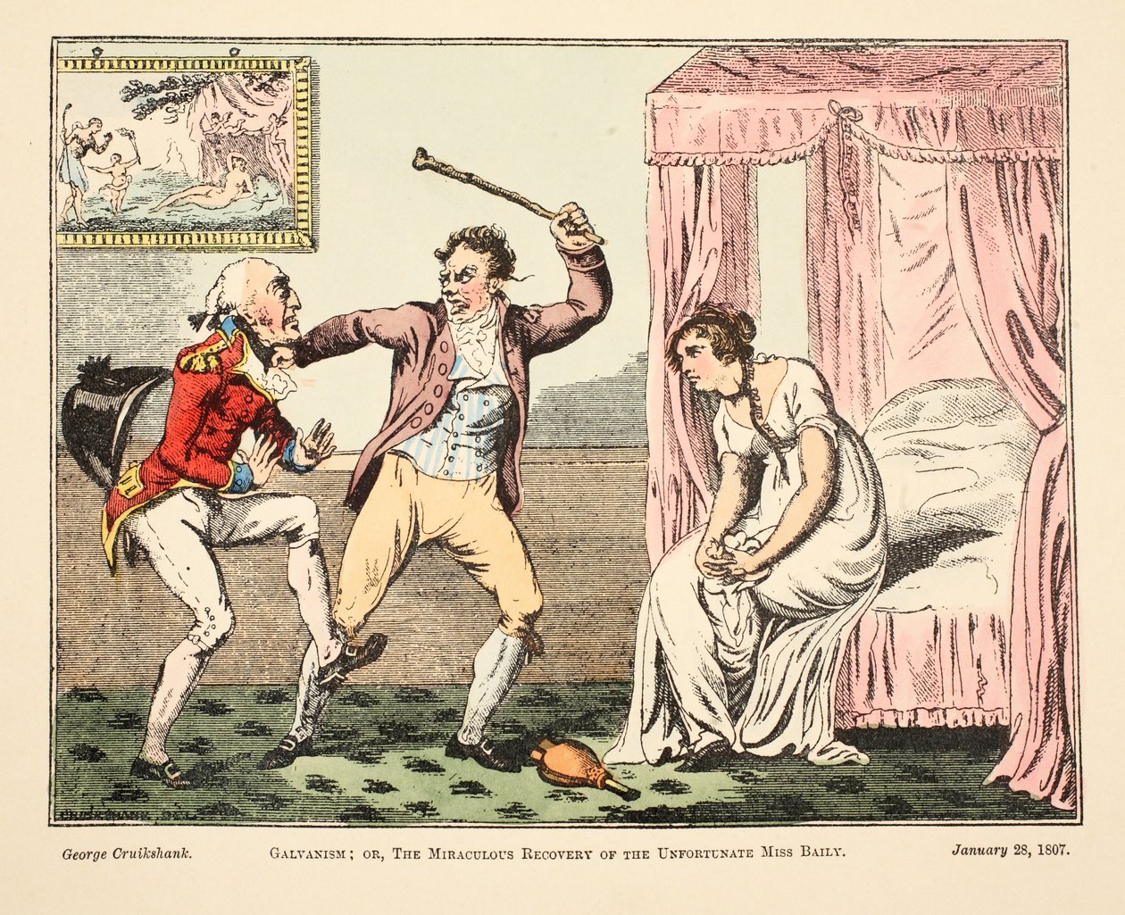 Galvanismus; aneb Zázračné uzdravení nešťastné slečny Baileyové, hospoda. 1807 (ručně kolorovaná rytina) od George Cruikshank