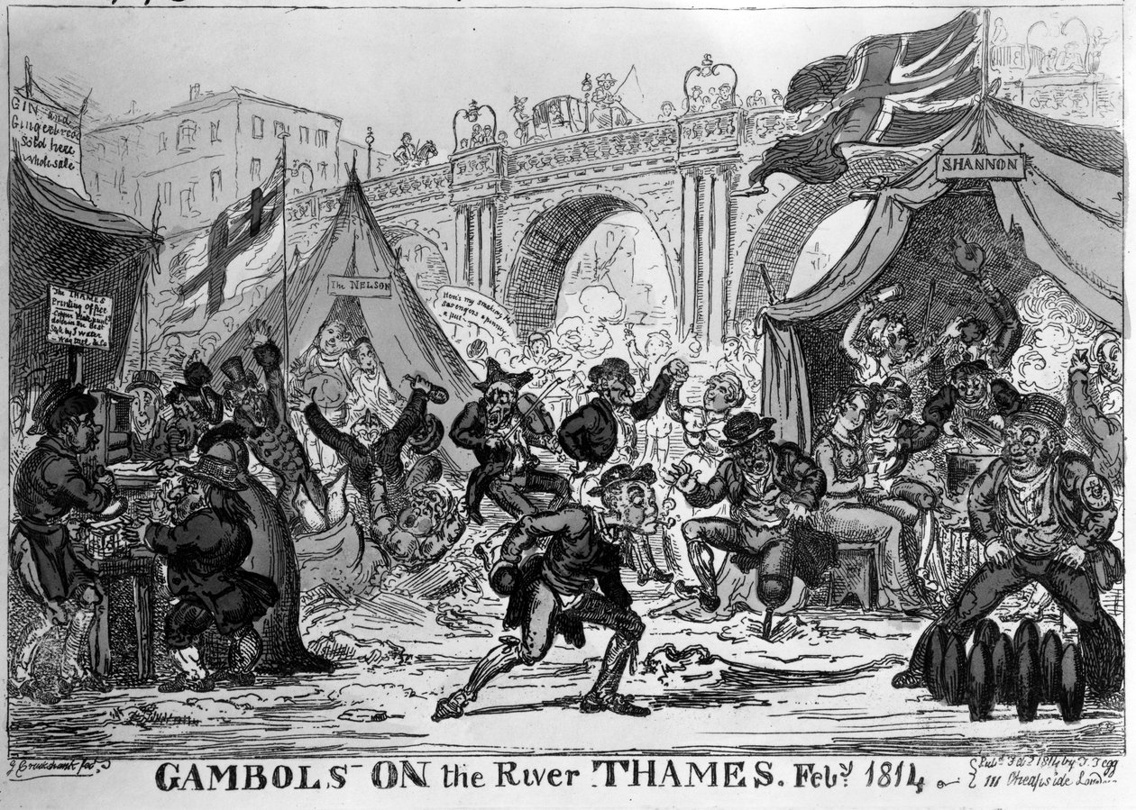 Gambols na řece Temži, 1814 (ručně kolorovaný lept) od George Cruikshank