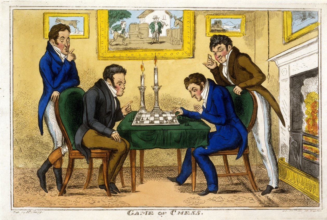 Hra v šachy, hospoda. McCleary, Dublin, 1819 (ručně kolorovaná rytina) od George Cruikshank