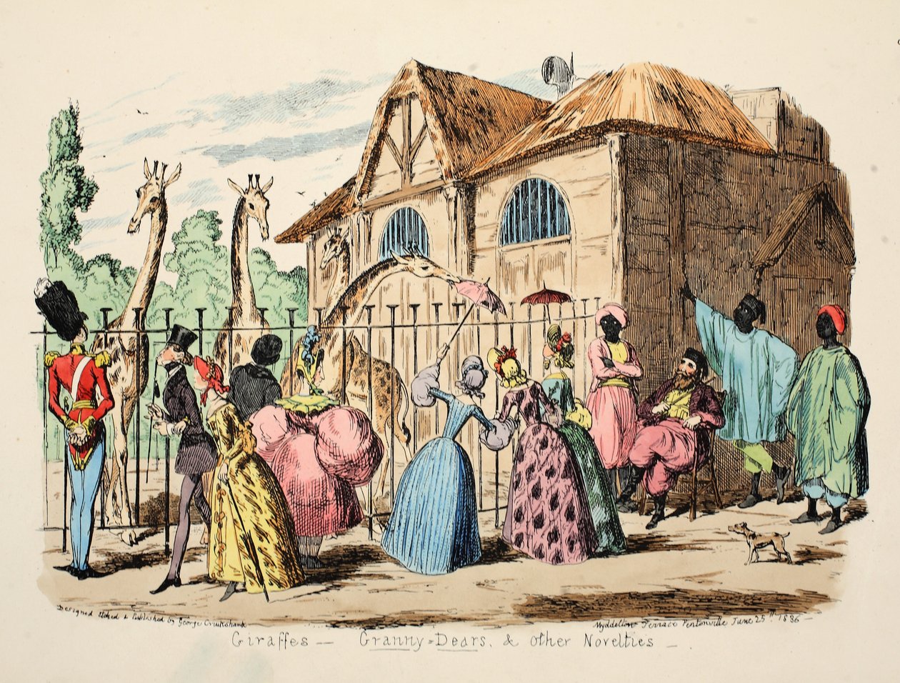 Žirafy - Babičky a další novinky, hospoda. 1886 (ručně kolorovaná rytina) od George Cruikshank