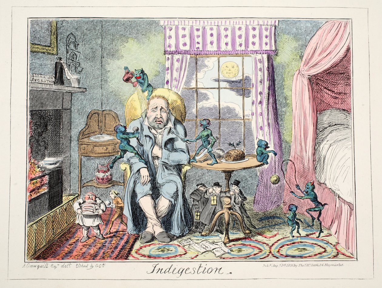 Porucha trávení, 1835 (ručně kolorovaná rytina) od George Cruikshank