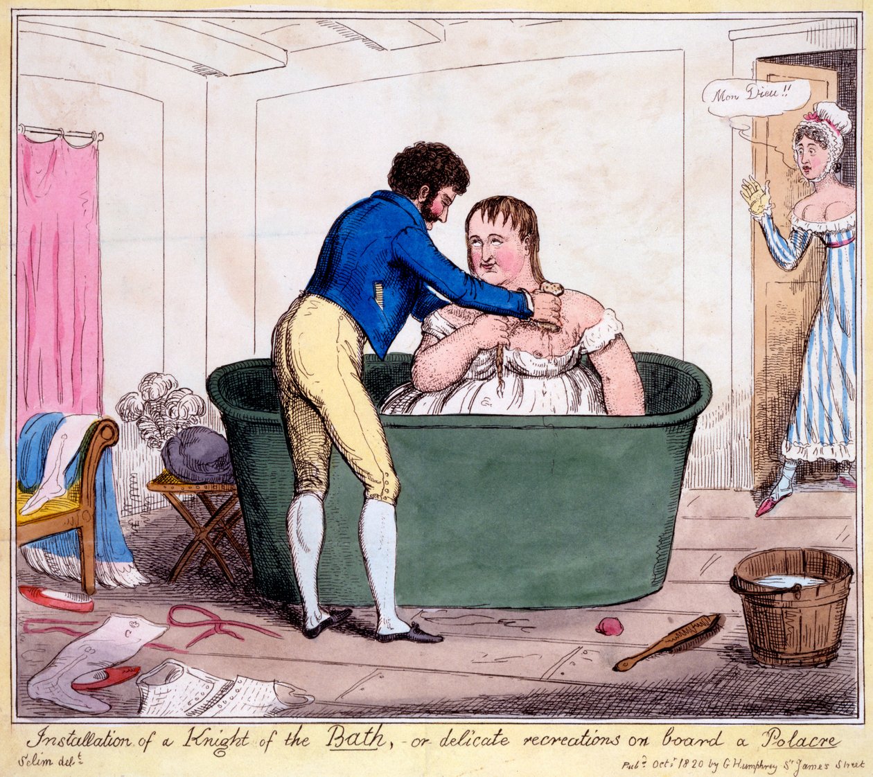 Instalace rytíře lázní aneb jemné rekonstrukce na palubě Polacre, 1820 (ručně kolorovaná rytina) od George Cruikshank