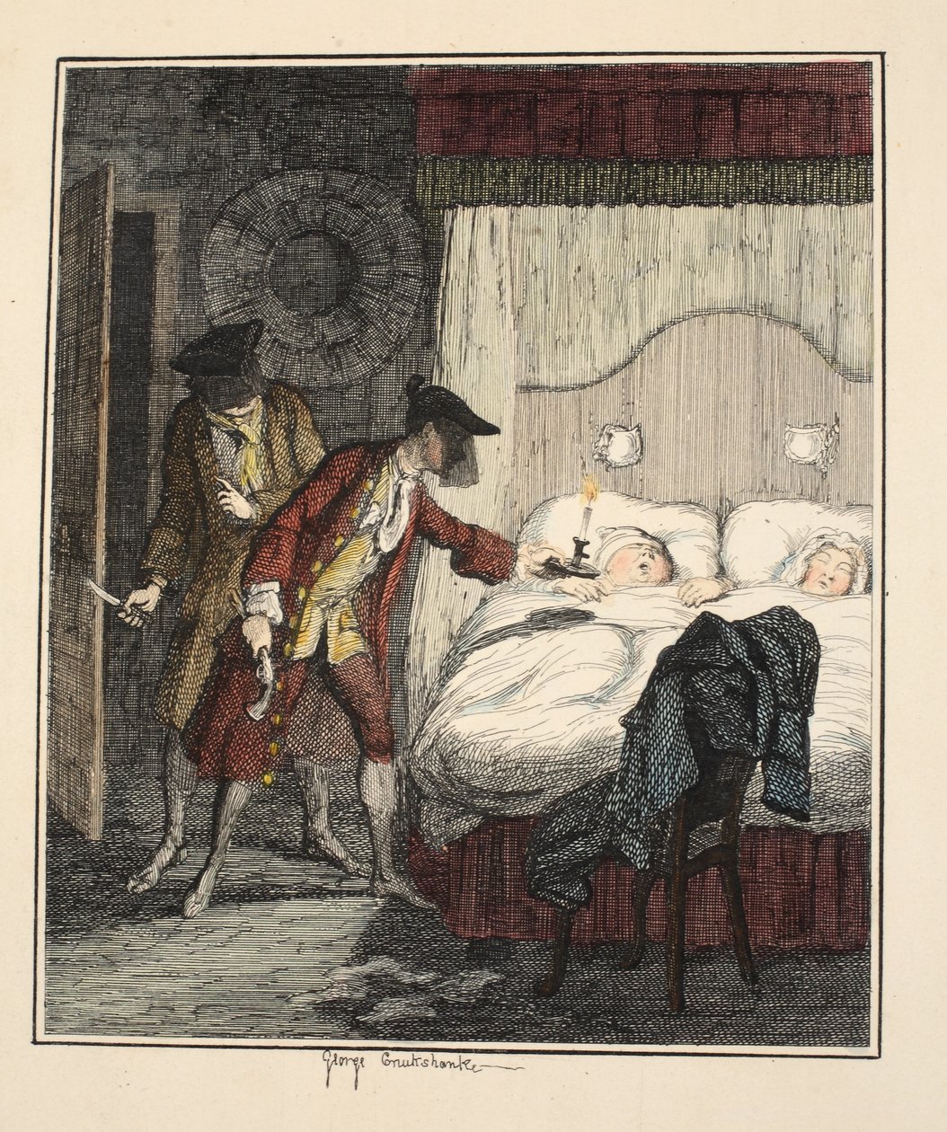 Jack Sheppard & Blueskin v ložnici pana Woodse, ilustrace z Jack Sheppard: A Romance od Williama Harrisona Ainswortha, vydáno 1839 (ručně kolorovaný lept) od George Cruikshank