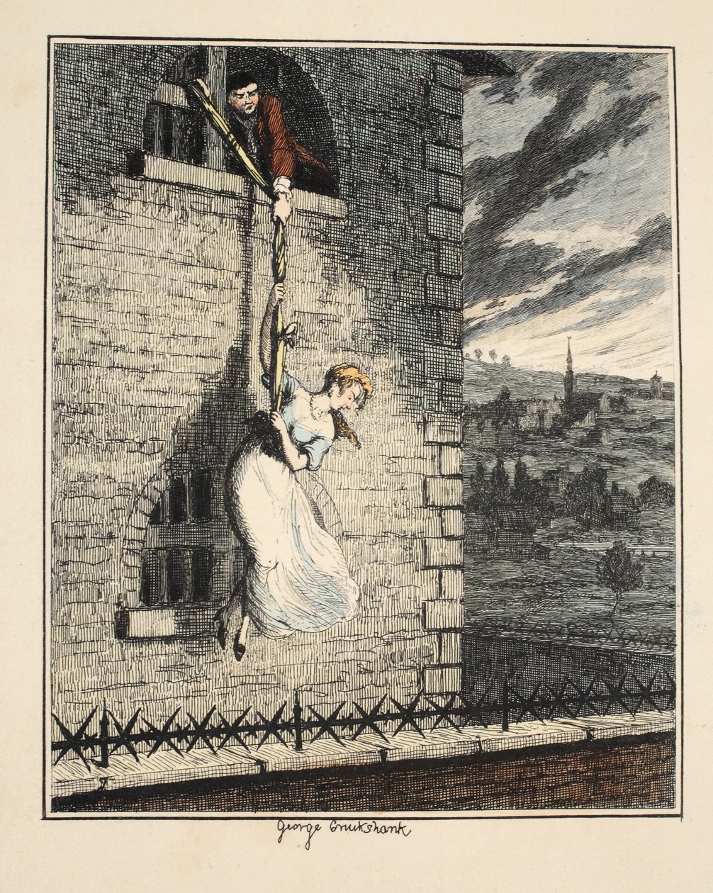 Jack Sheppard ve společnosti Edgeworth Bess, útěk z vězení Clerkenwell, ilustrace z Jack Sheppard: A Romance od Williama Harrisona Ainswortha, vydáno 1839 (ručně kolorovaný lept) od George Cruikshank