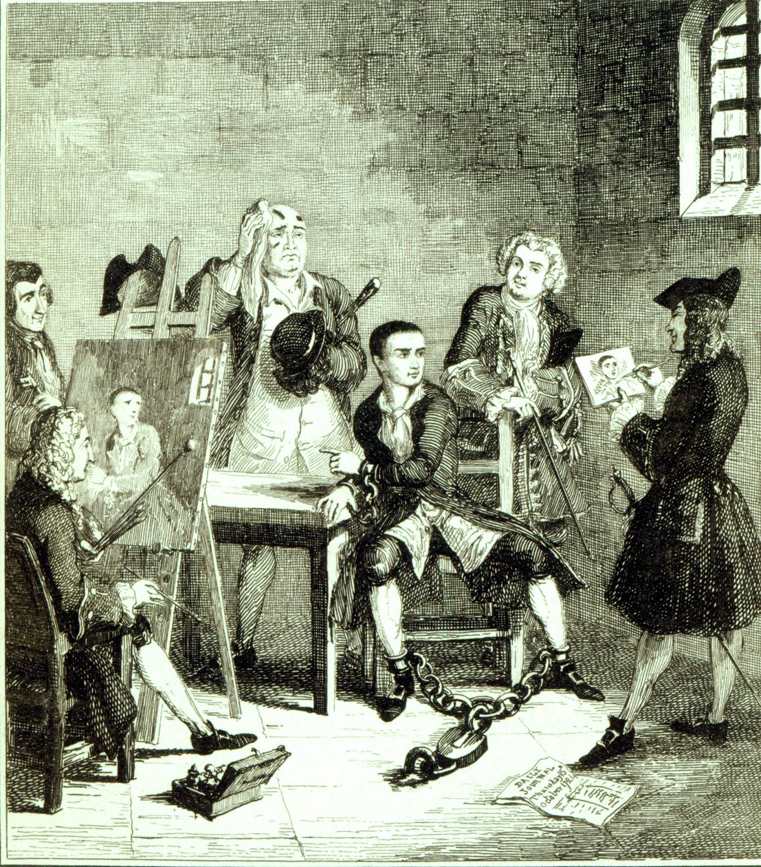 Jack v Newgate Ward s portréty pořízenými Sirem Jamesem Thornhillem a Williamem Hogarthem, ilustrace z „Jack Sheppard: A Romance“ od Williama Harrisona Ainswortha, vydáno 1839 od George Cruikshank
