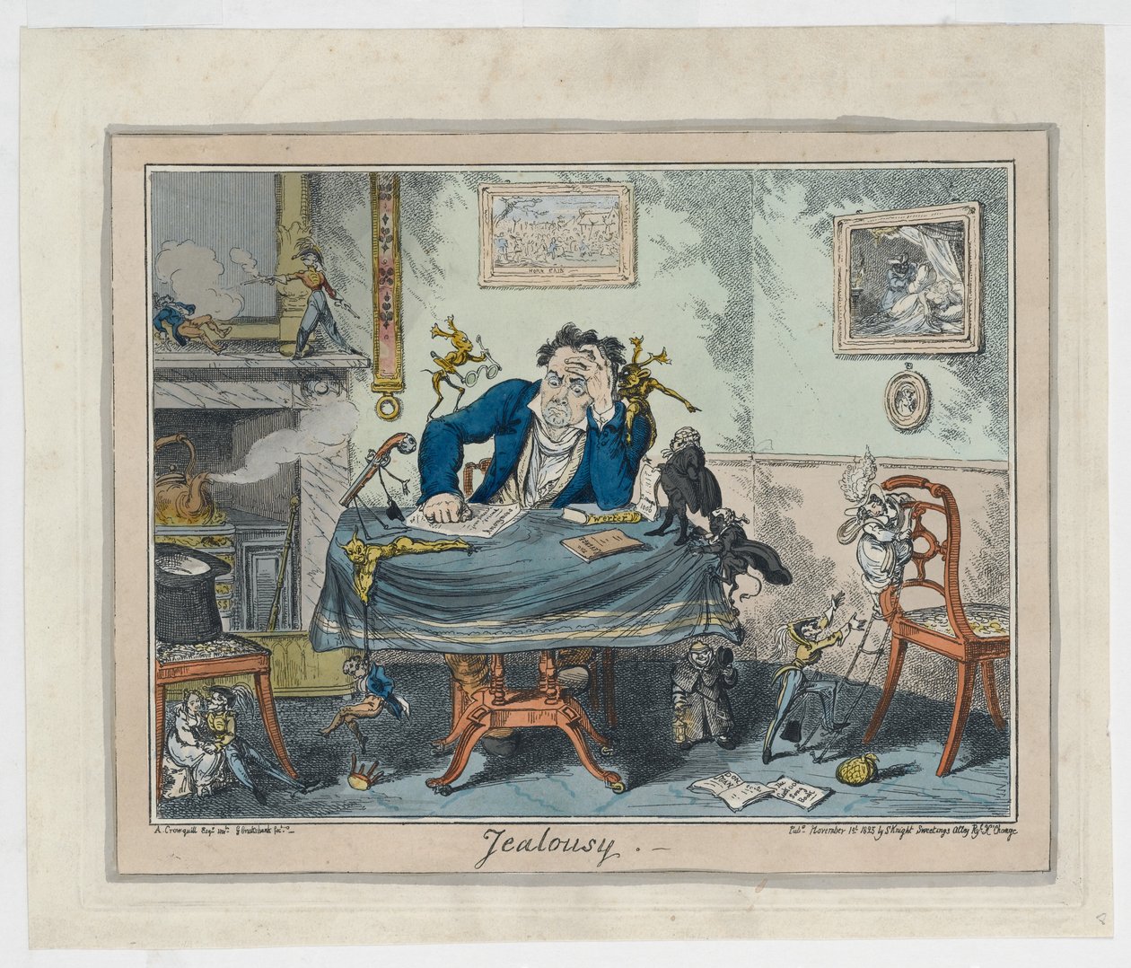 Žárlivost, 1825 (ručně kolorovaná rytina) od George Cruikshank