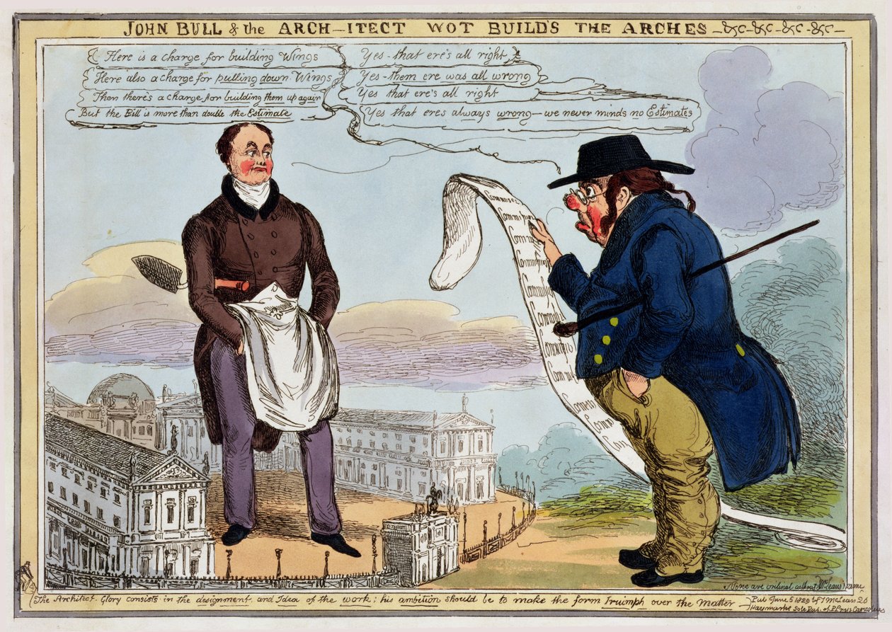 John Bull and the Architect Wot Builds the Arches - Karikatura vydaná v roce 1829 od George Cruikshank