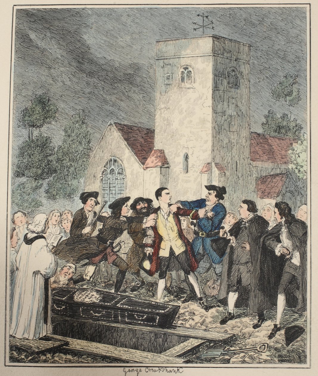 Jonathan Wild zabavuje Jacka na pohřbu své matky na hřbitově Willesden, ilustrace z Jack Sheppard: A Romance od Williama Harrisona Ainswortha, vydáno 1839 (ručně kolorovaný lept) od George Cruikshank