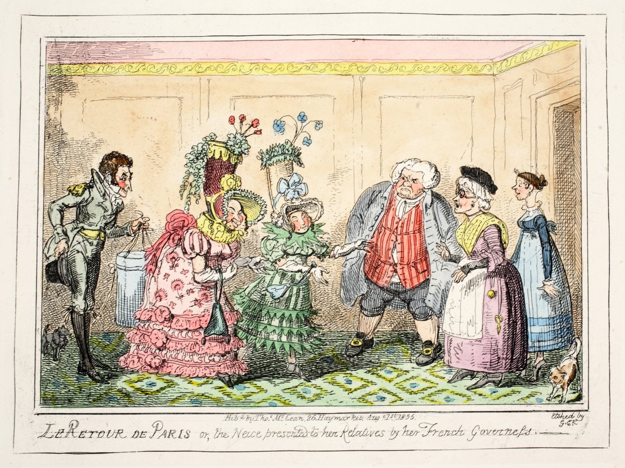 Le Retour de Paris, aneb neteř, kterou svým příbuzným představila její francouzská guvernérka, hospoda. 1835 (ručně kolorovaný lept) od George Cruikshank