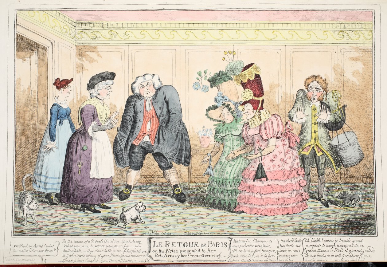 Le Retour de Paris aneb Neteř, kterou svým příbuzným představila její francouzská guvernantka, 1816 (ručně kolorovaná rytina) od George Cruikshank
