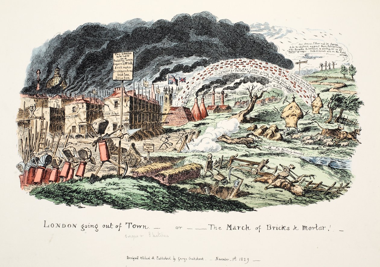 London Going out of Town aneb „The March of Bricks and Mortar“, 1829 (ručně kolorovaná rytina) od George Cruikshank