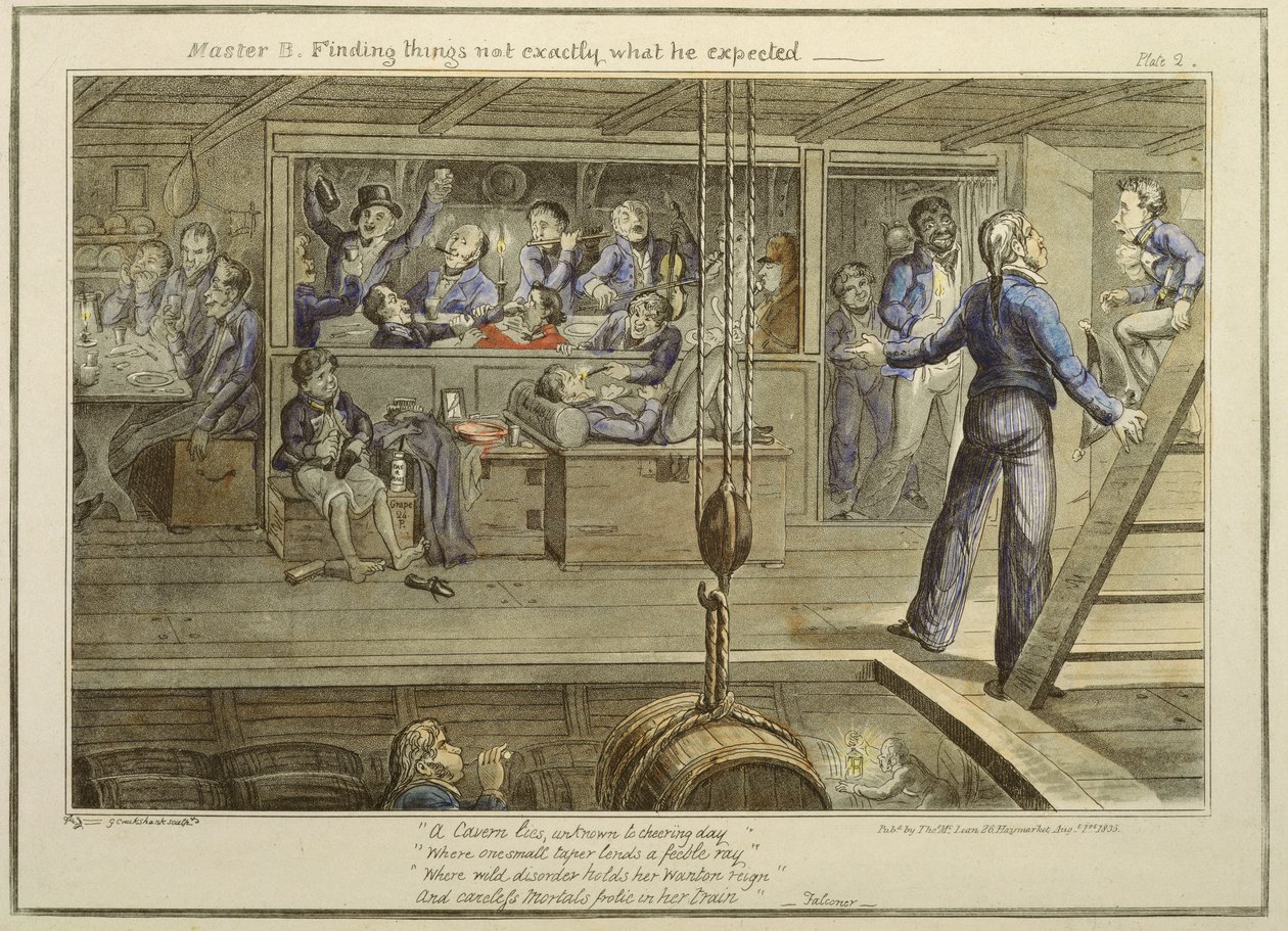 Mistr B zjišťuje, že věci nejsou přesně takové, jaké očekával, z knihy "The Progress of a Midshipman", kterou vydal Thomas McLean, 1. srpna 1835 (kolorovaná akvatinta) od George Cruikshank