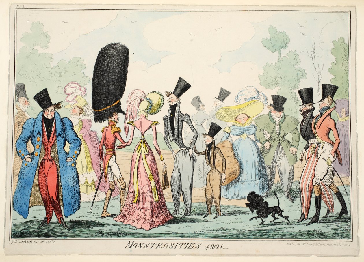 Zrůdy 1821, hospoda. 1835 (ručně kolorovaná rytina) od George Cruikshank