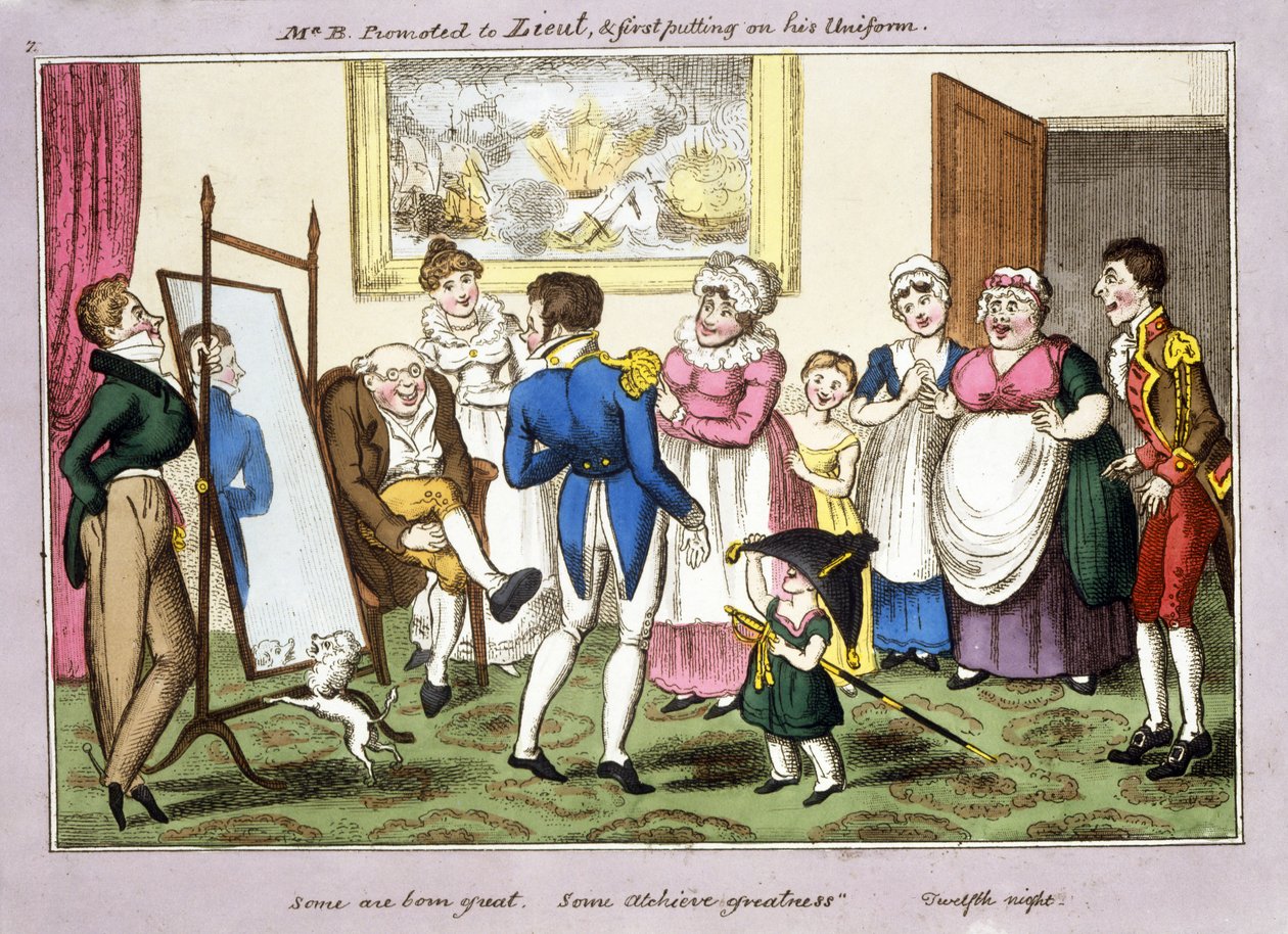 Pan B. povýšen na poručíka. a první oblékání uniformy, 1835 (ručně kolorovaná akvatinta) od George Cruikshank