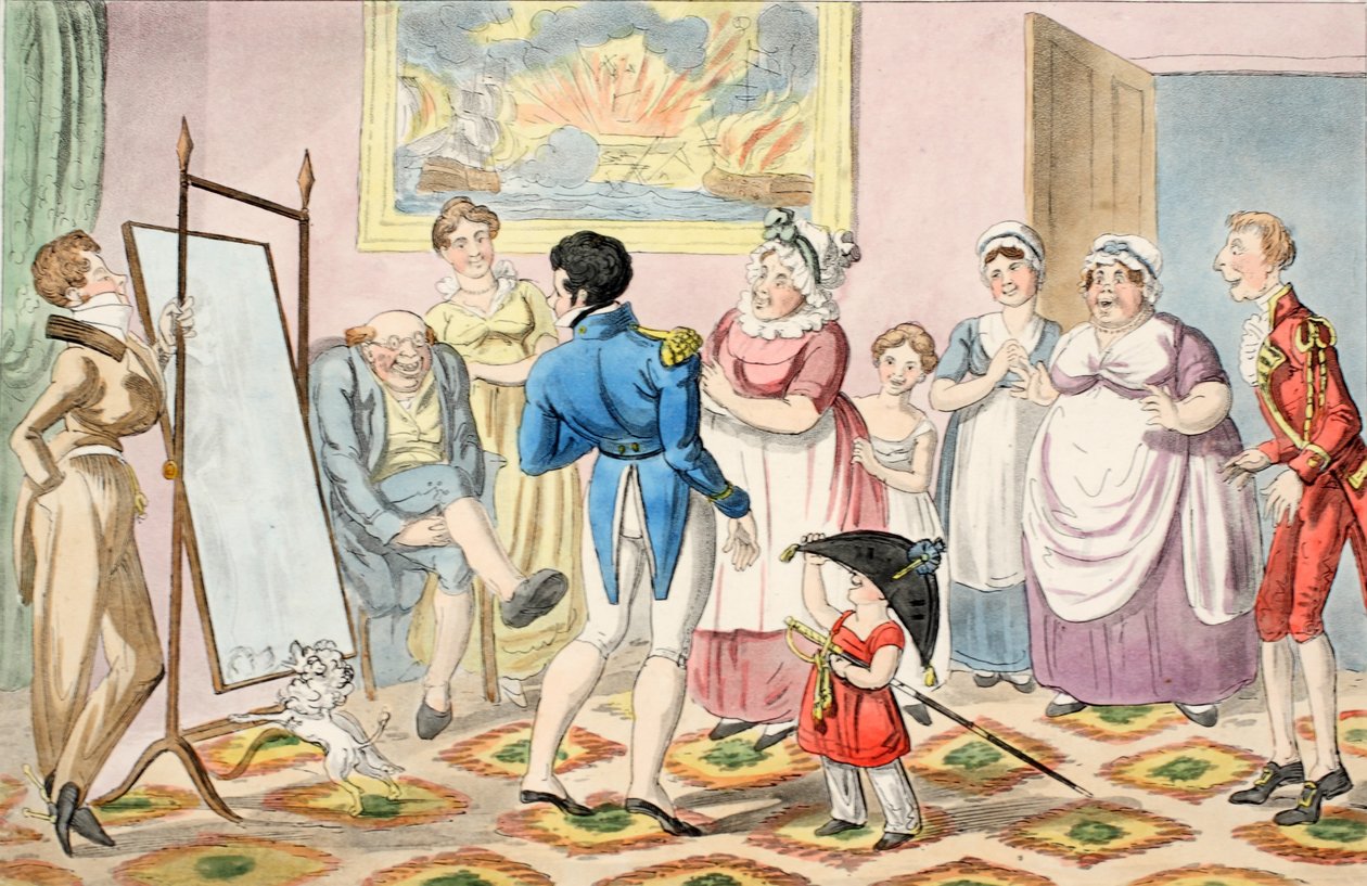 Pan B povýšen na poručíka a nejprve si oblékl uniformu z hospody The Progress of a Midshipman. 1835 (ručně kolorovaná rytina) od George Cruikshank