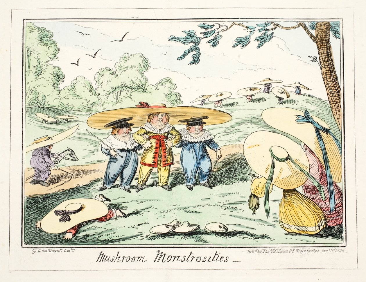 Houbové příšery, hospoda. 1835 (ručně kolorovaná rytina) od George Cruikshank