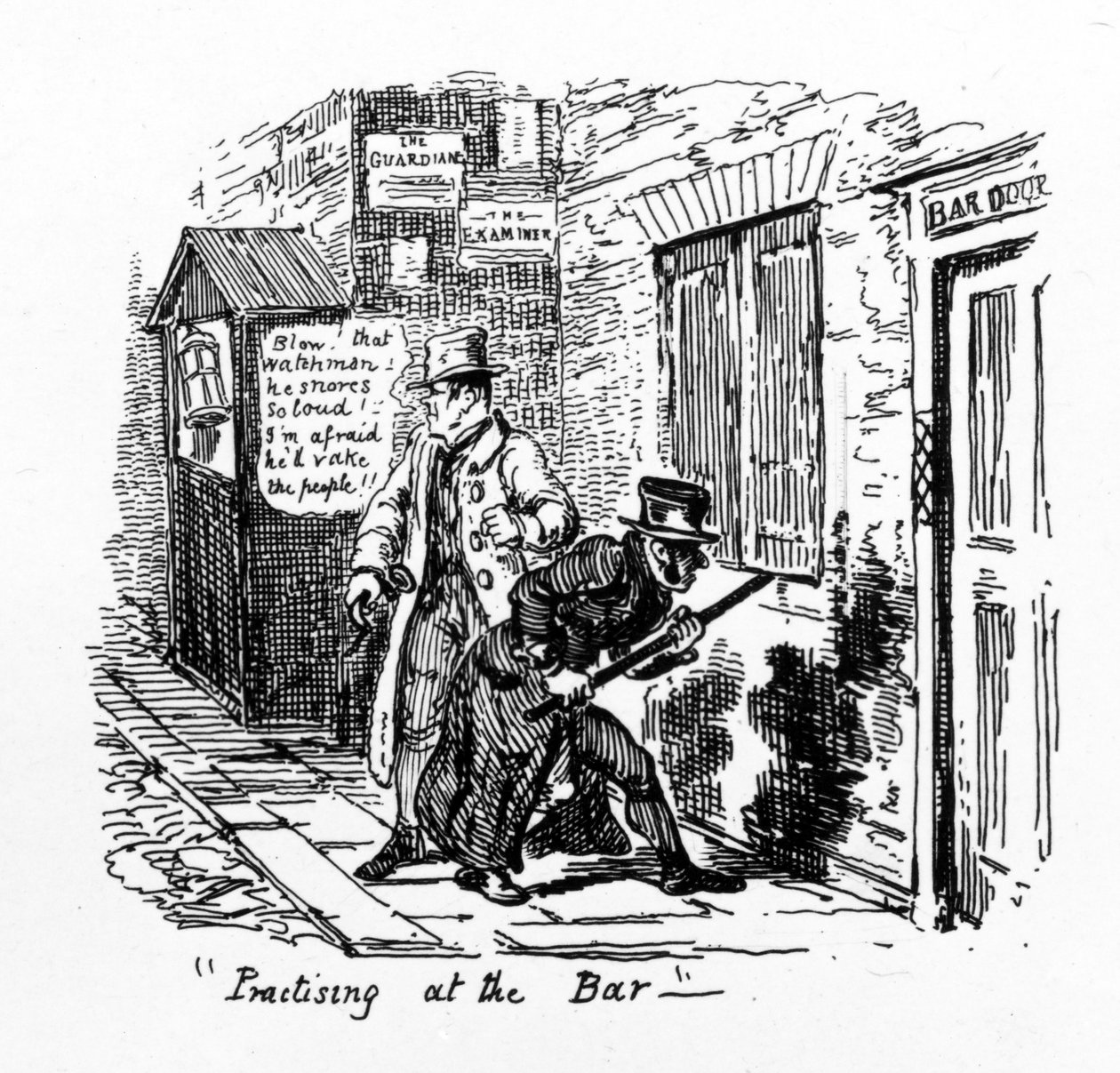 „Cvičení v baru“, 1828 od George Cruikshank
