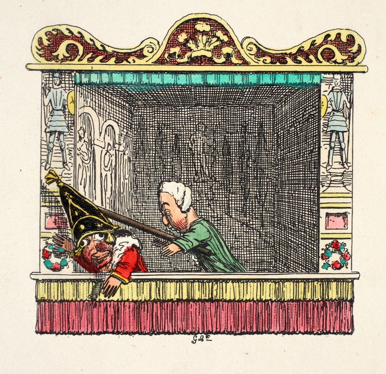Úder pěstí zezadu Doktorem z hospody „Punch and Judy“. 1827 (ručně kolorovaná rytina) od George Cruikshank