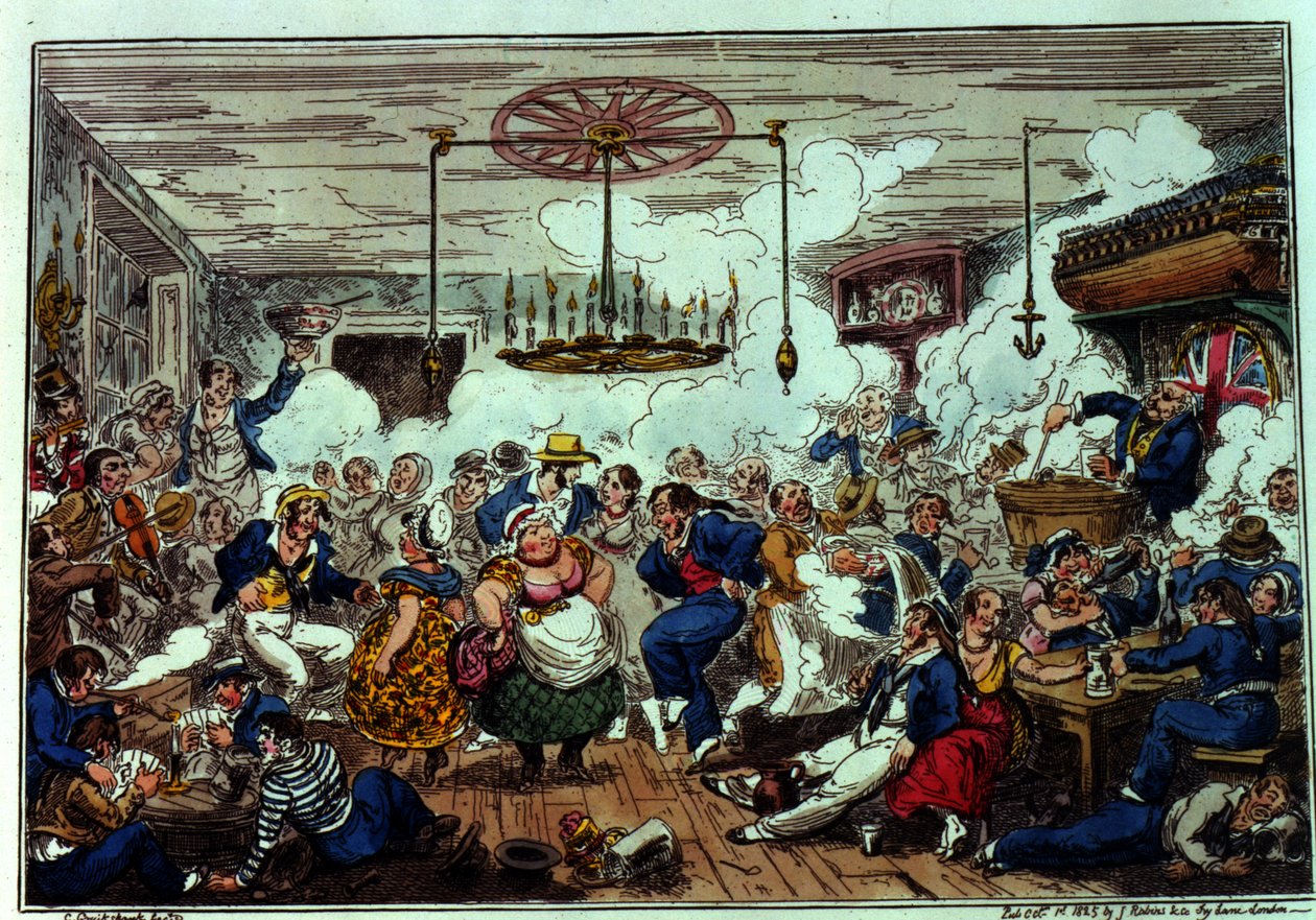 Sailors Carousing aneb nahlédnutí do dlouhé místnosti, vydal James Robins und Co., 1. října 1825 (barevný lept) od George Cruikshank