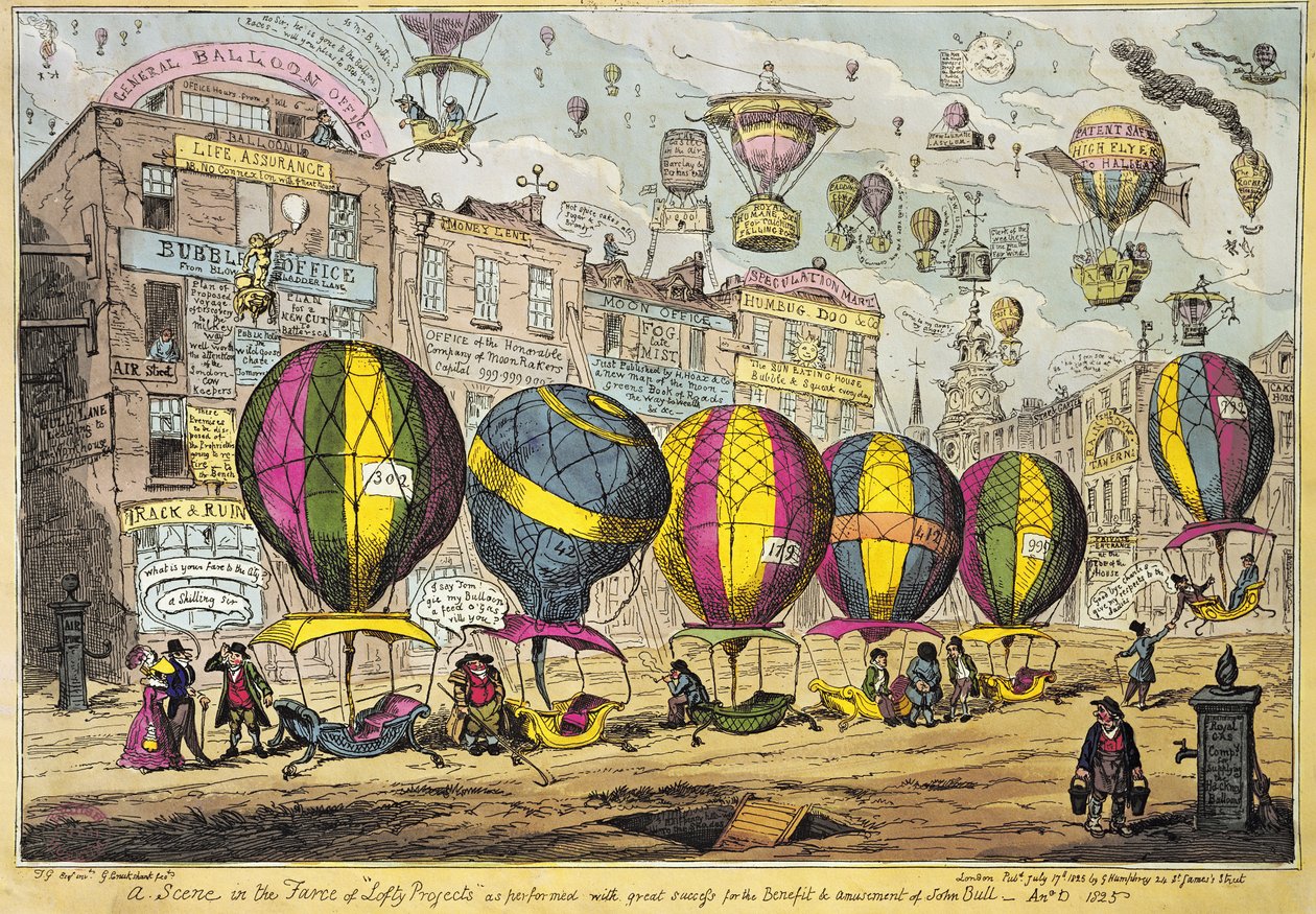 Scéna ve frašce „Lofty Prospects“ provedená s velkým úspěchem pro Benefit a zábavu Johna Bulla, 1825 (barevný lept) od George Cruikshank