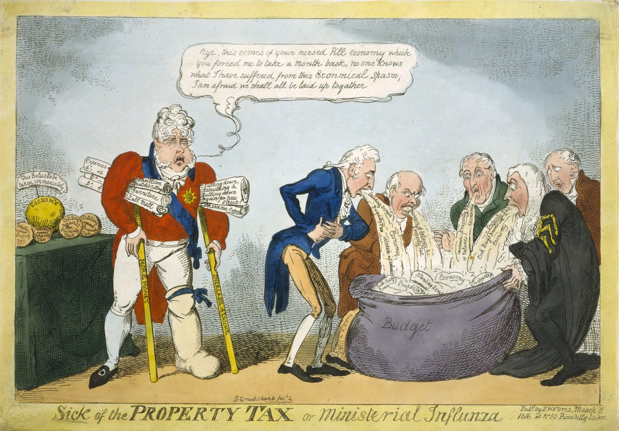 Nemocný z majetkové daně nebo ministerská chřipka, 1816 (ručně kolorovaný lept) od George Cruikshank