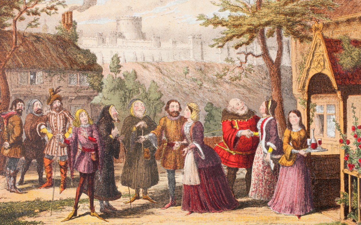 Sir John Falstaff na návštěvě u svého přítele Page ve Windsoru, ilustrace z Veselé paničky Windsorské z „The Illustrated Library Shakespeare“, vydané v Londýně 1890 od George Cruikshank