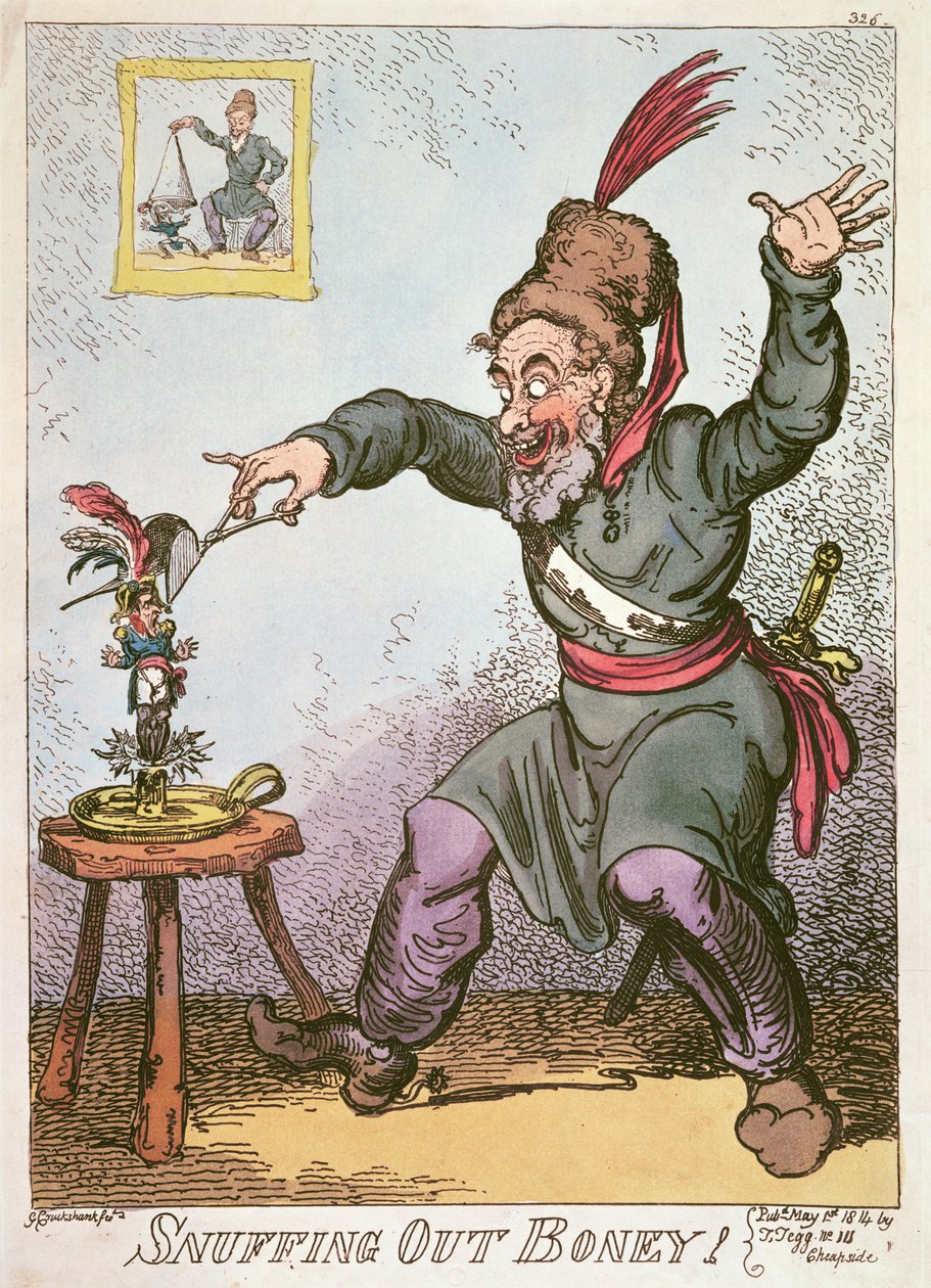 Snuffing out Boney, 1814 (barevná litografie) od George Cruikshank
