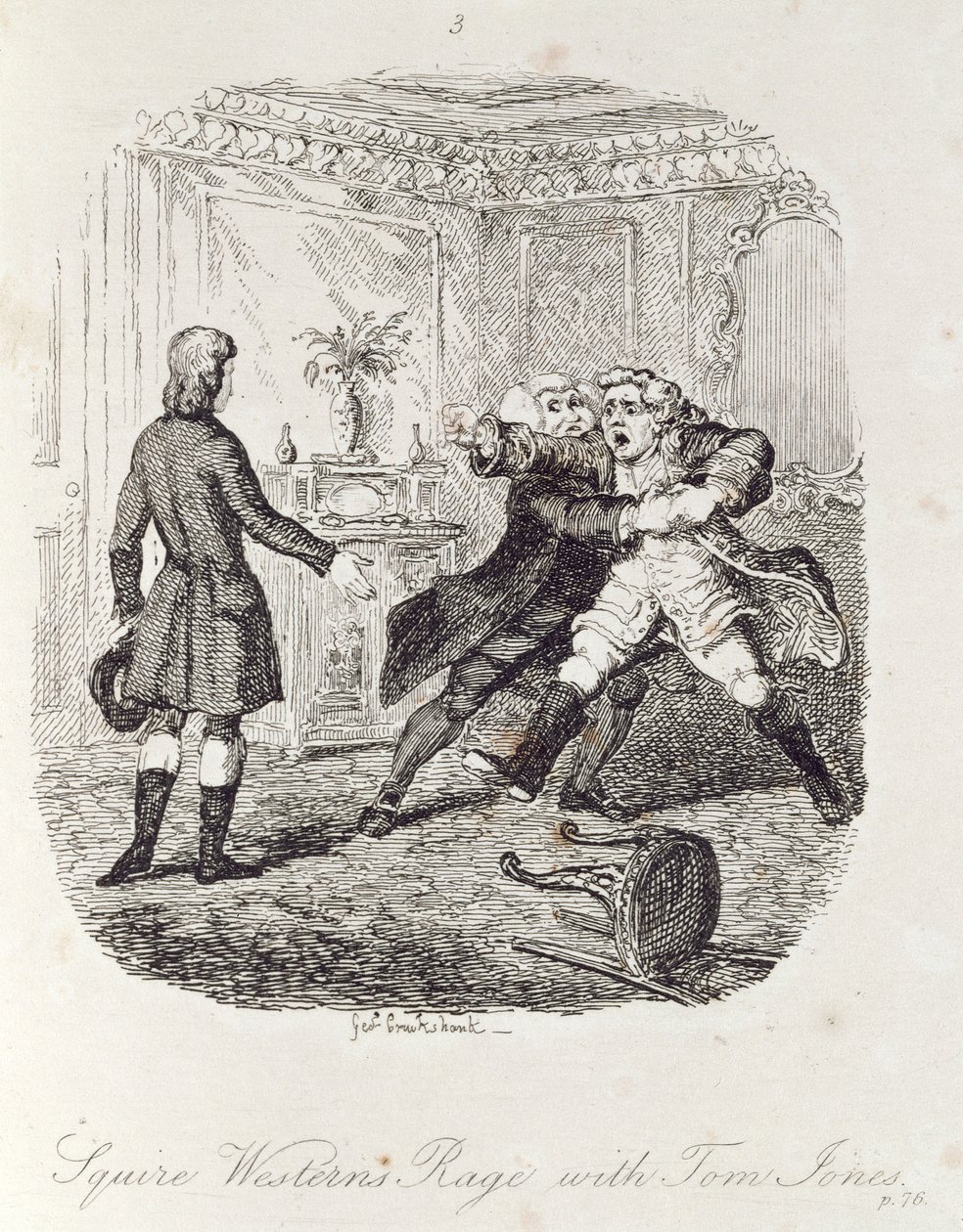 Hněv Squire Westernové s Tomem Jonesem z knihy "Tom Jones, historie nalezence", rytina autora, ilustrace z knihy "The Works of Henry Fielding", vyd. Henry G. Bohn, 1853. od George Cruikshank