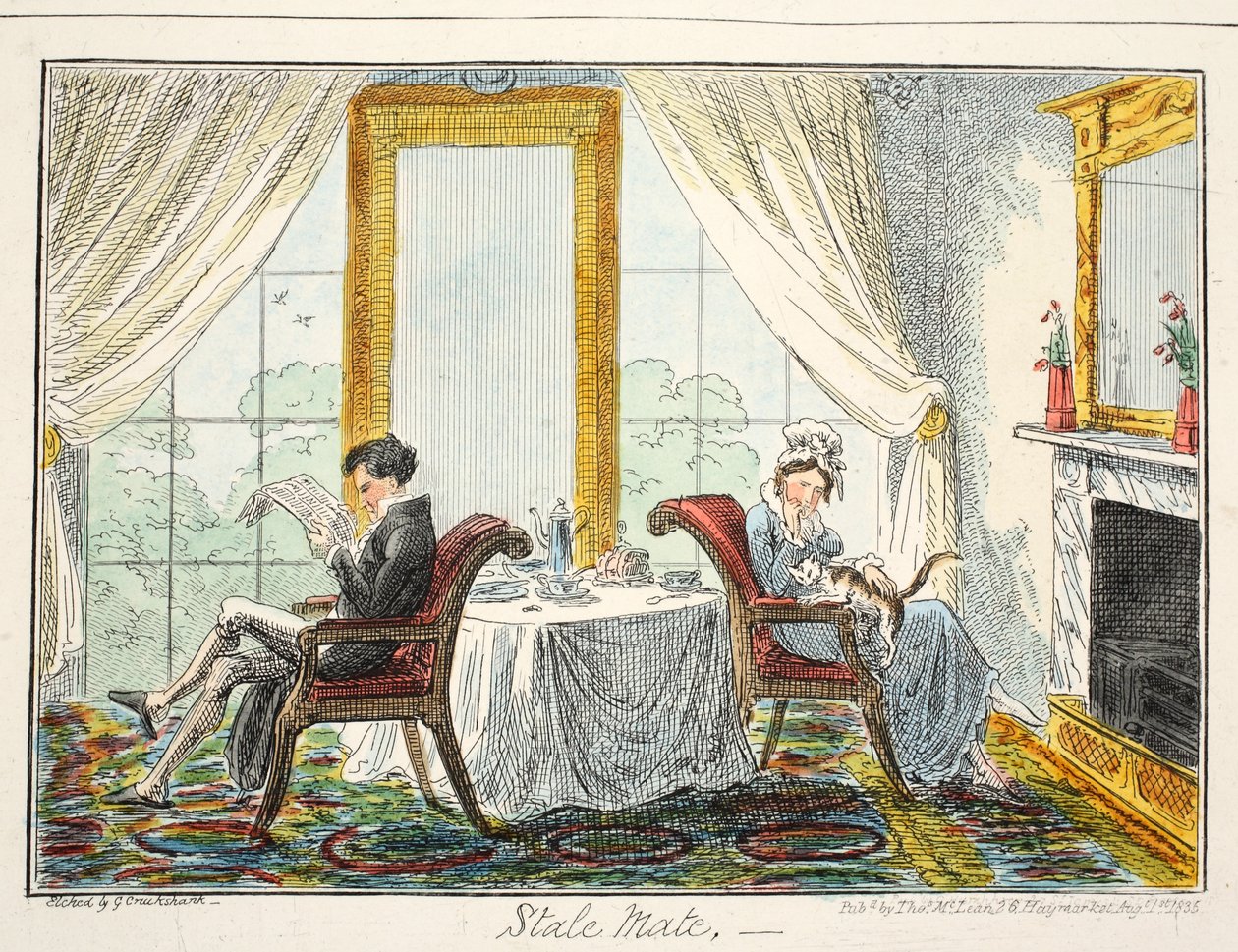 Patová situace, hospoda. 1835 (ručně kolorovaný lept) od George Cruikshank