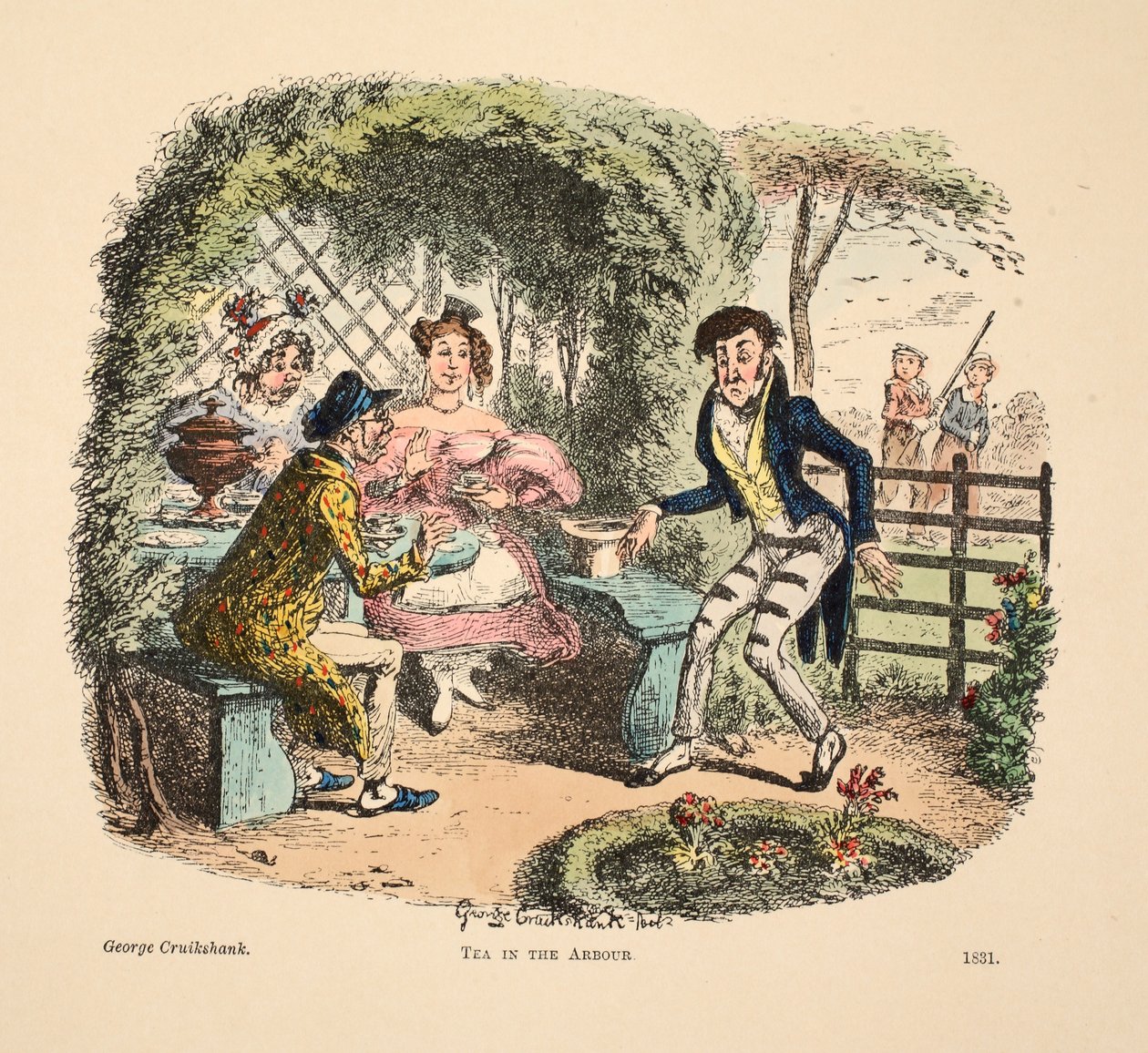 Čaj v altánku, hospoda. 1831 (ručně kolorovaná rytina) od George Cruikshank