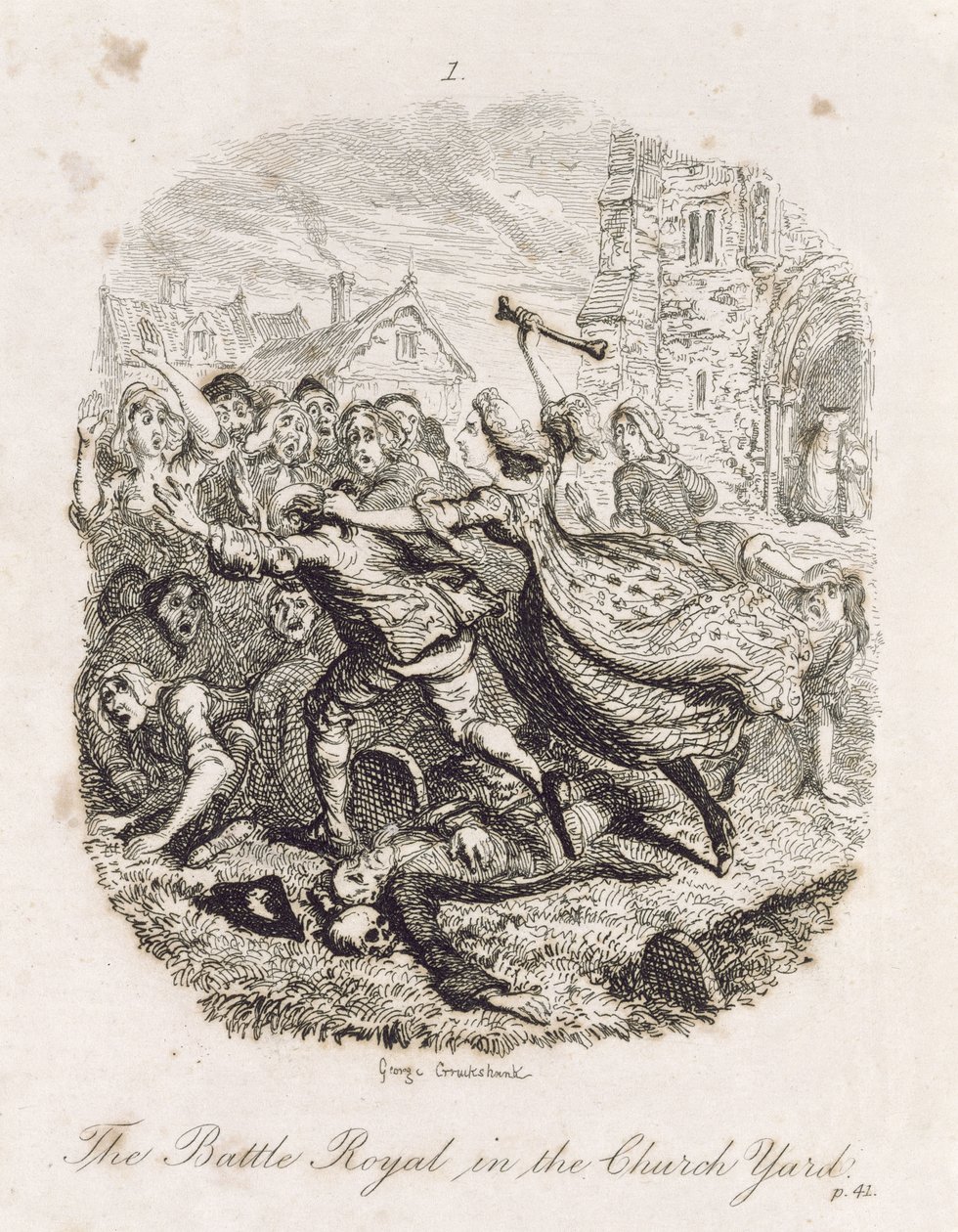 Královská bitva na nádvoří kostela, z knihy "Tom Jones, historie nalezence", rytina autora, ilustrace z knihy "The Works of Henry Fielding", vyd. Henry G. Bohn, 1853. od George Cruikshank