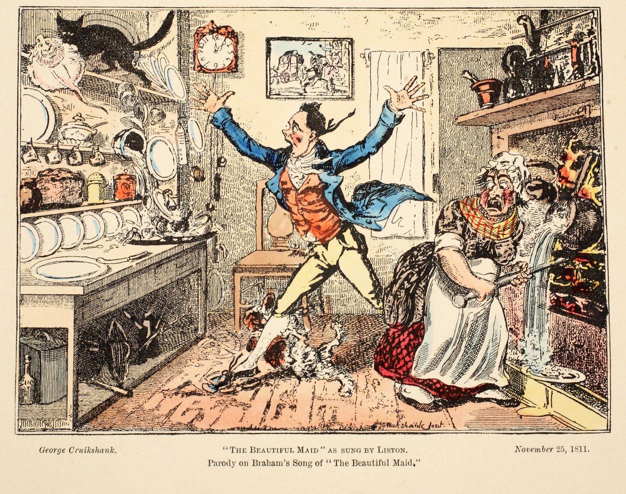 The Beautiful Maid jak zpívá Liston, hospoda. 1811 (ručně kolorovaná rytina) od George Cruikshank