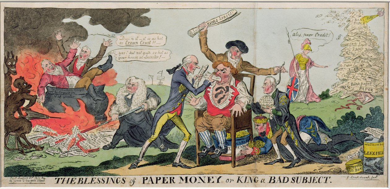 The Blessings of Paper Money or King a Bad Subject, publikoval 1811 od George Cruikshank