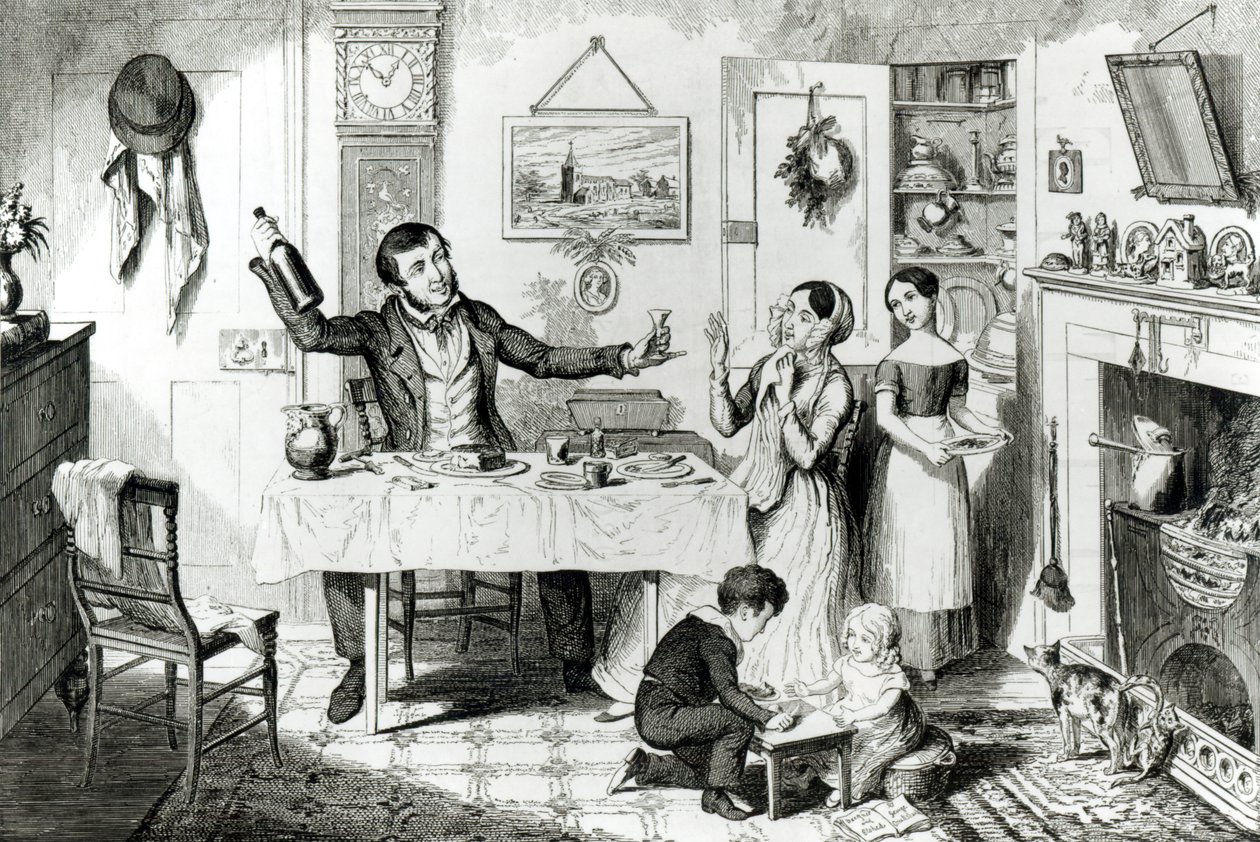 Láhev, talíř I, Láhev je vyrobena poprvé: manžel nabádá svou ženu „Jen si dát kapku“, 1847, od George Cruikshank